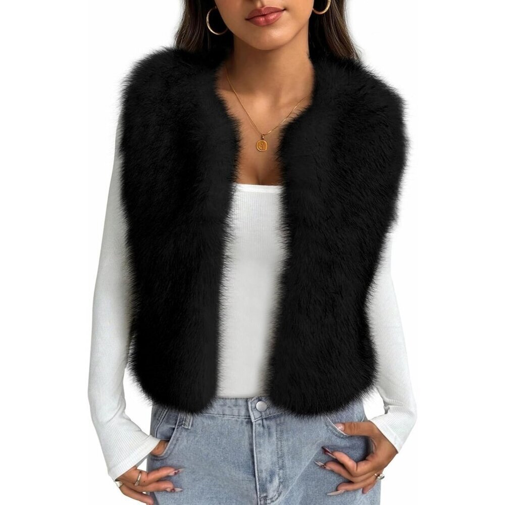 Women's Black Faux Fur Vest Fall Fashion Sleeveless Fuzzy Jacket Fluffy Coats